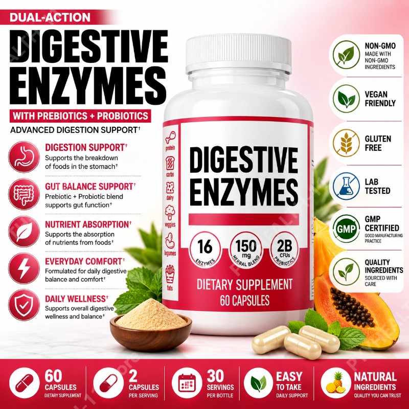 Digestive Enzyme Blend - Verdauungsenzyme mit Präbiotika und Probiotika 16-Enzym-Mischung