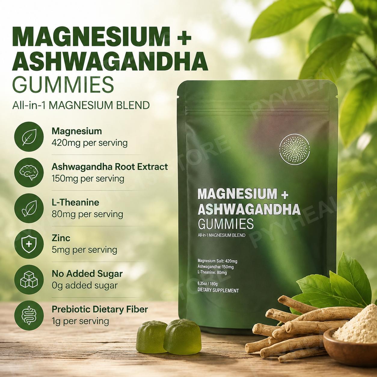 Ashwagandha Extract Root - Magnesium + Ashwagandha Gummibärchen mit L-Theanin,